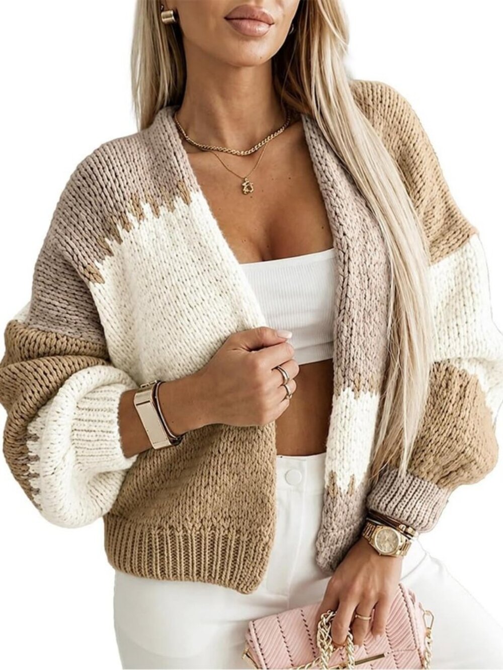 Cozy Chunky Knit Cardigan Sweater - Soft Open Front Color-Block Outerwear